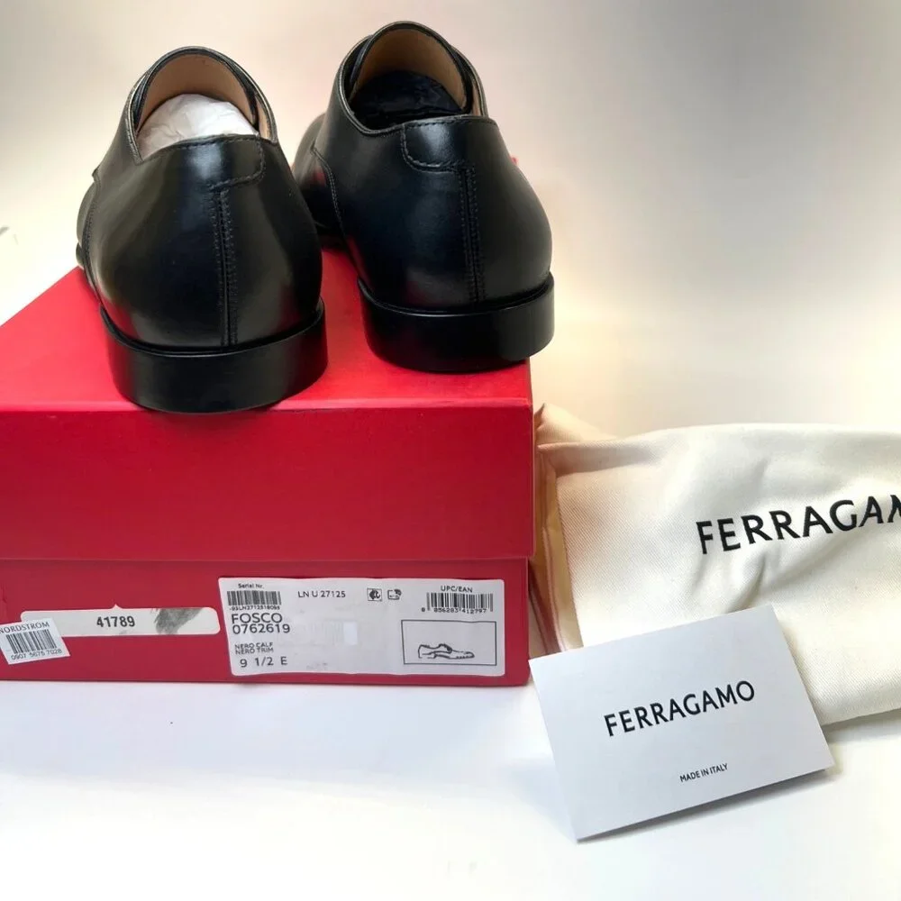 Ferragamo Fosco Men Leather Shoes Black Derby Oxfords Size 9.5